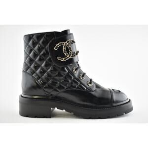 Chanel 21A Black Shiny Patent Quilted Gold CC Chain Combat Ankle Short Boot 38.5